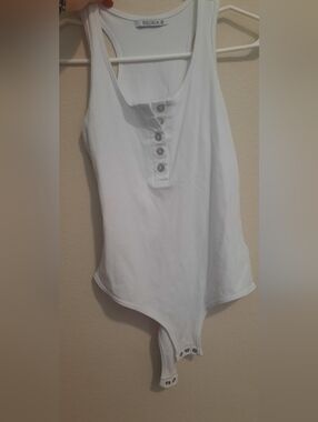ReoRia White Ribbed Button-Front Tank Bodysuit